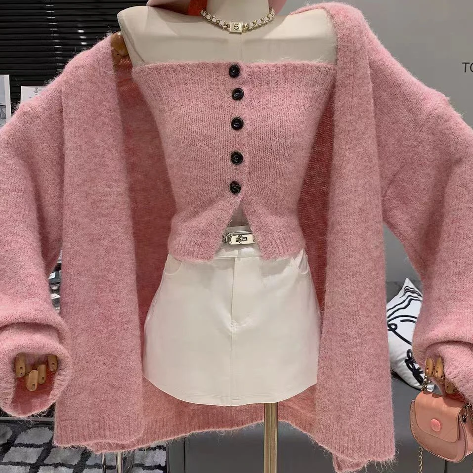 【蓉蓉专属】XS1156辣妹纯欲紧身单排扣抹胸内搭+慵懒宽松针织开衫