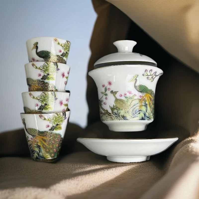 遇见孔雀盖碗四杯