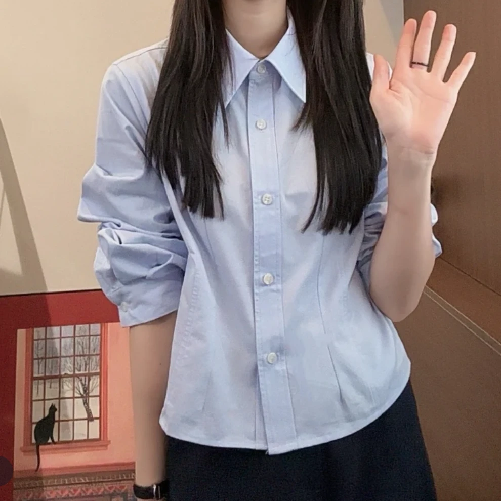 设计感纯色polo领衬衫女早春2025新款气质时尚白衬衣百搭长袖上衣