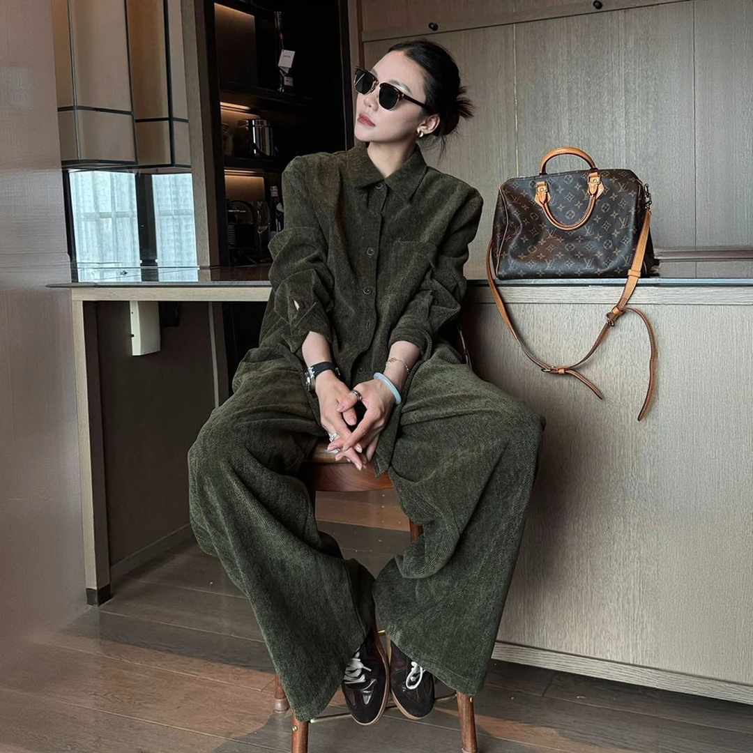 老钱风高级巨好看灯芯绒套装秋季干练气质重要场合上衣长裤两件套