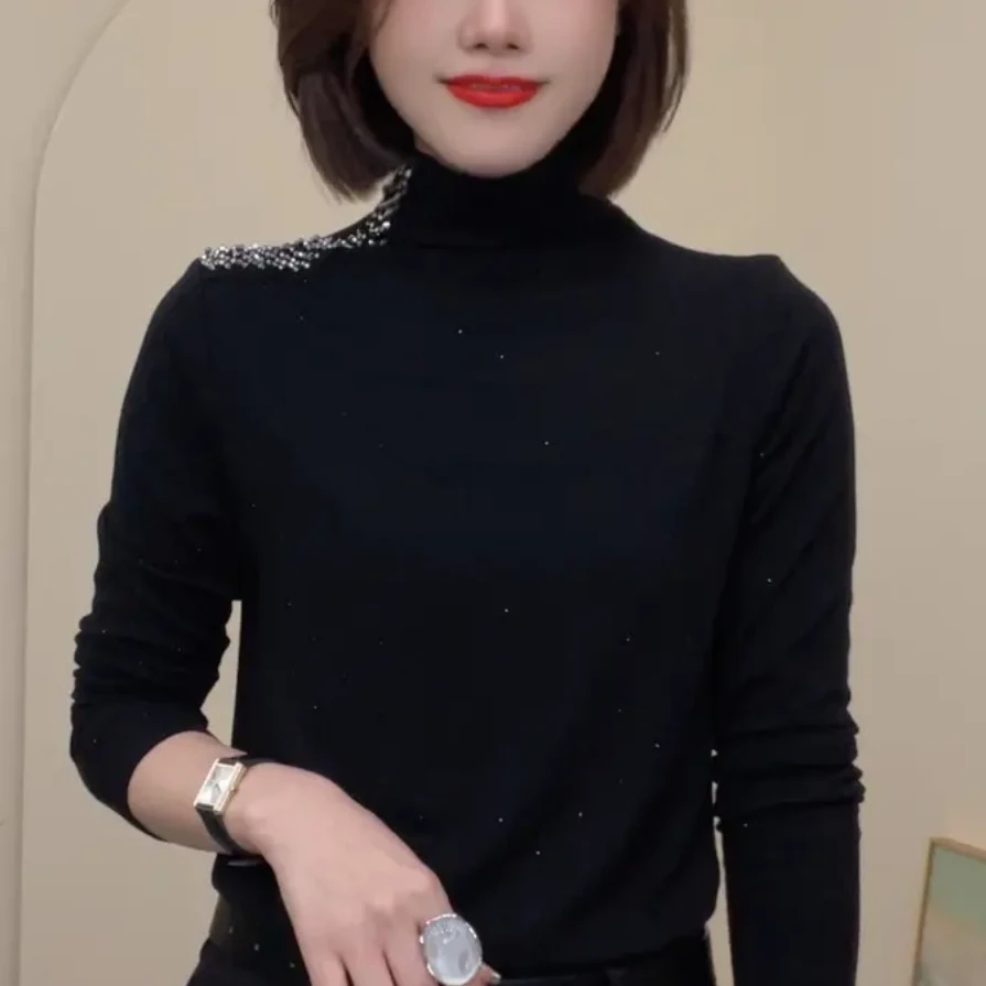 秋冬新款半高领烫钻显瘦长袖打底衫双面绒百搭洋气减龄女士上衣T