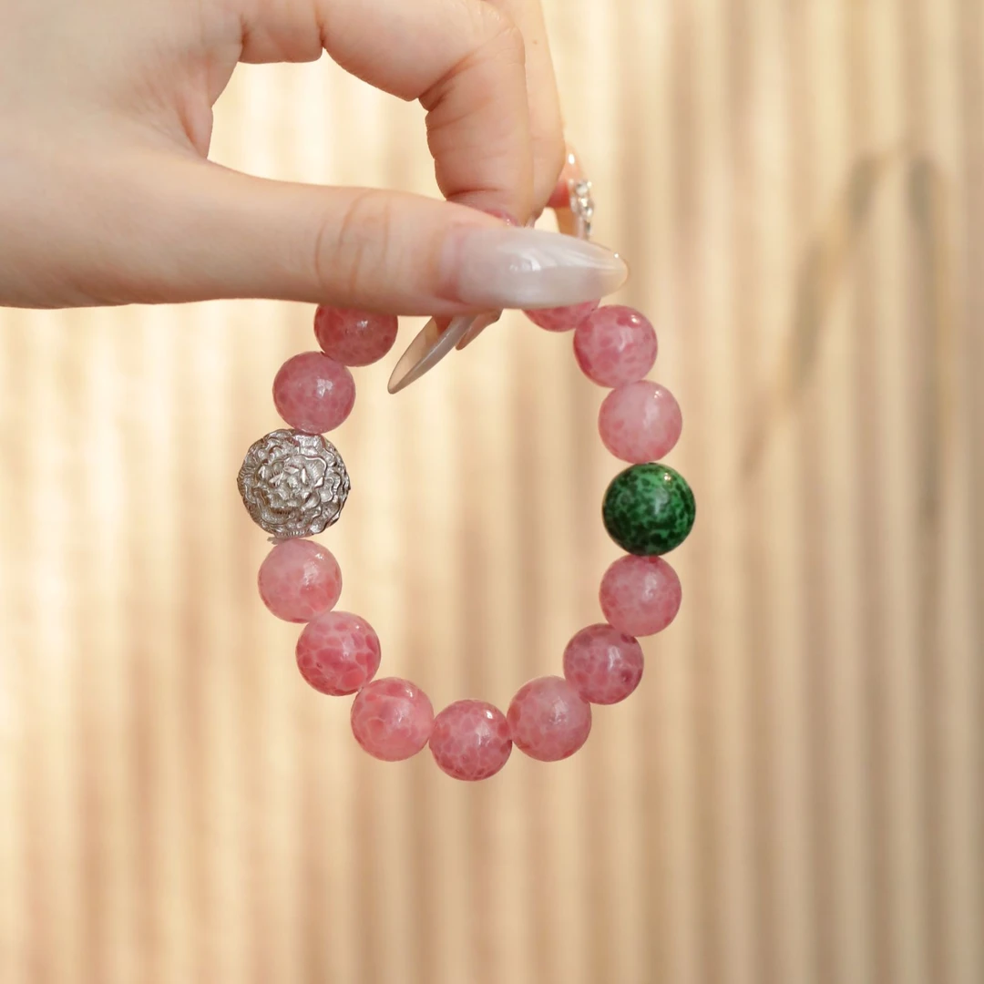925银手链 S10867<非晚>S925银粉蛙皮绿蛙皮琉璃圆珠牡丹花珠手串