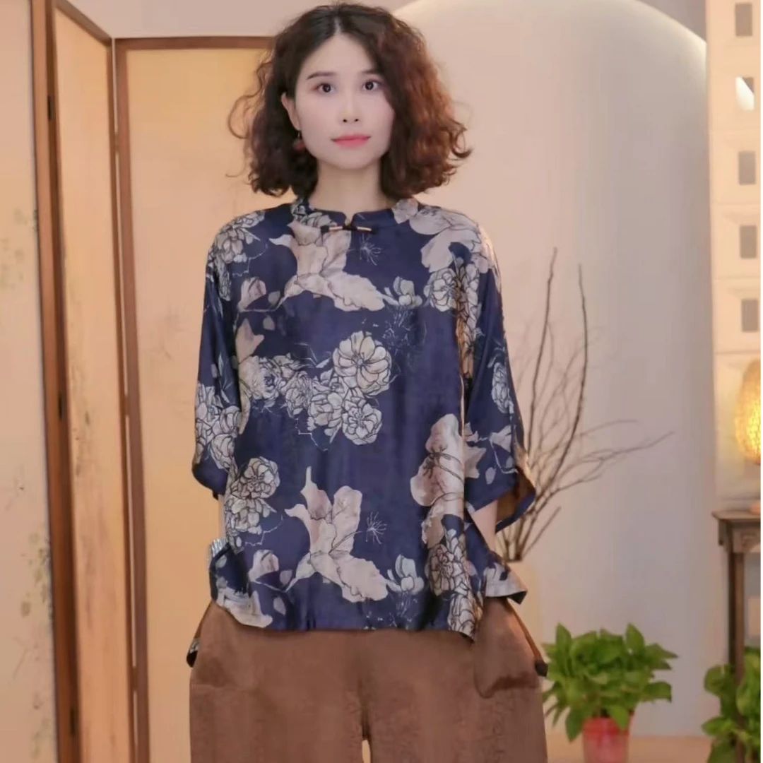 深蓝蝙蝠衫夏季新款新中式国风复古宽松显瘦提花上衣