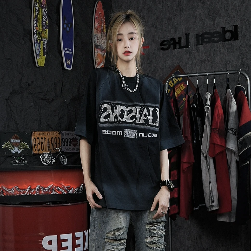 NY原创潮牌废土风短袖T恤痞帅炸街五分袖oversize半袖