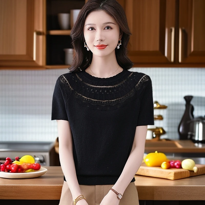 2025夏季新款薄款镂空钩针圆领精致蕾丝绢丝棉天丝短袖针织上衣女