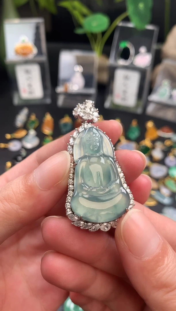 翡翠银S925镶嵌吊坠(不含链)天然A货翡翠素衣观音