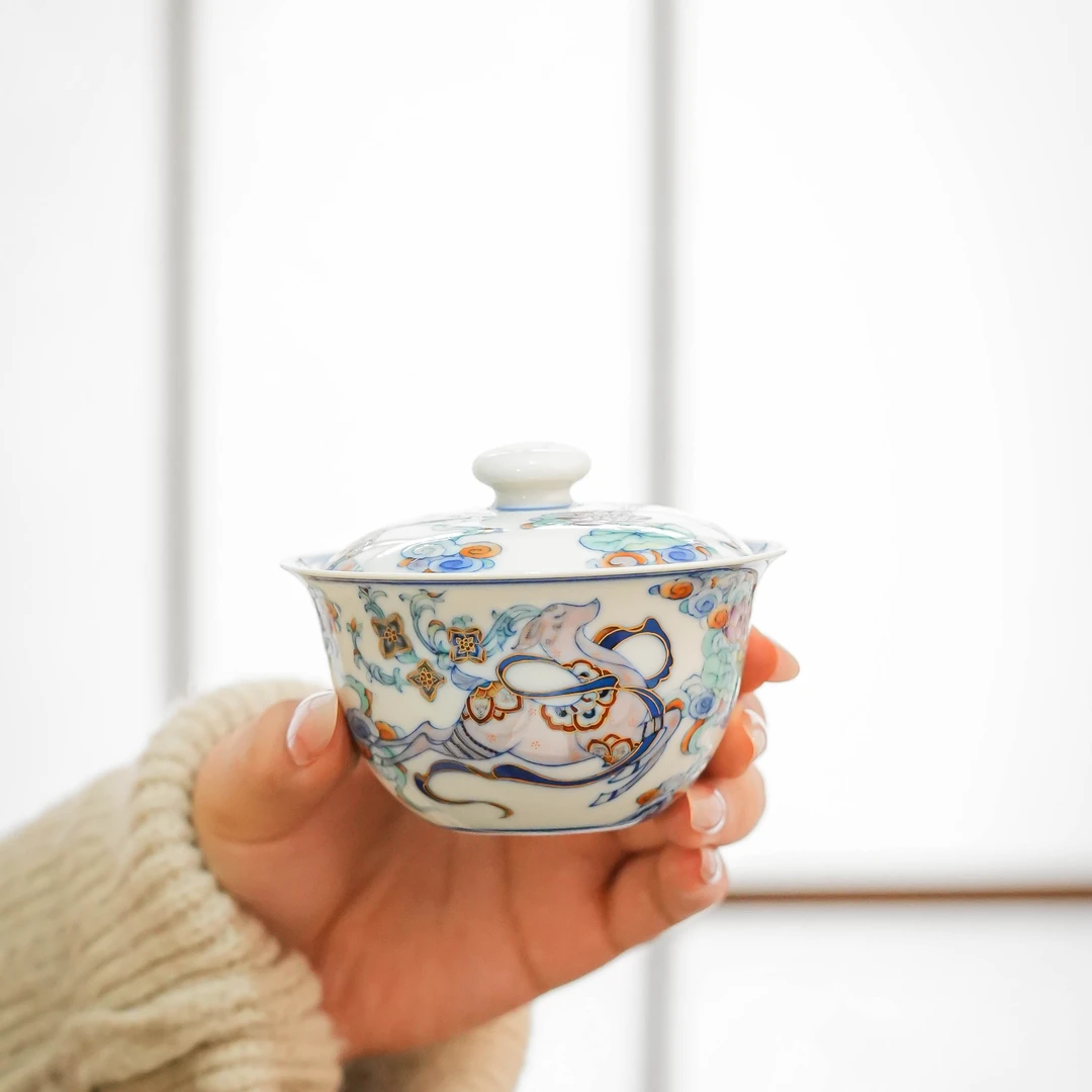 玗琪轩 柴窑青花斗彩九色鹿 盖碗100ml 小炉式杯50ml 壶承18cm