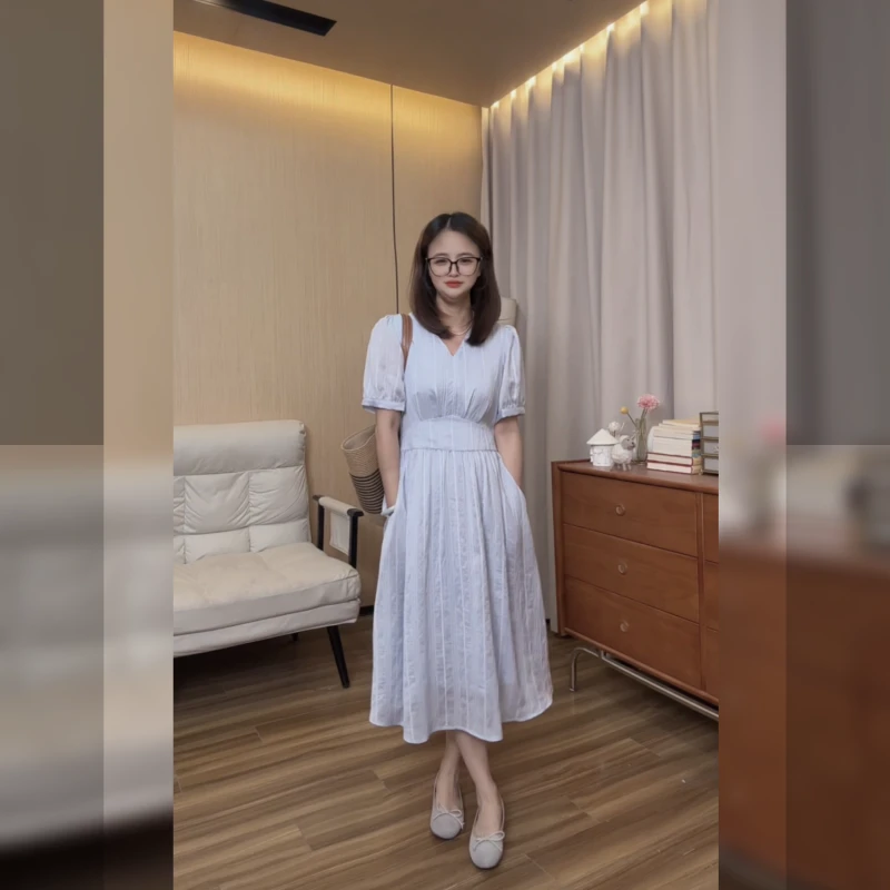 小个子短袖女装连衣裙收腰显瘦遮肚子洋气轻奢法式裙子010