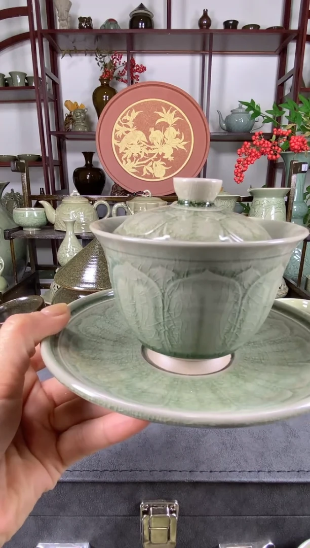 无*瑕疵处理 百级碎冰裂纹三才盖碗 一套