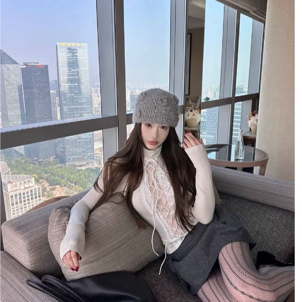 时尚套装显瘦小个子休闲风辣妹蕾丝系带T恤女冬季新款上衣