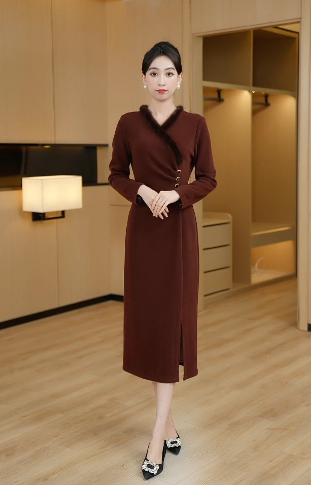 【馥郁玫瑰】 新款气质显瘦中长款时尚连衣裙高贵优雅