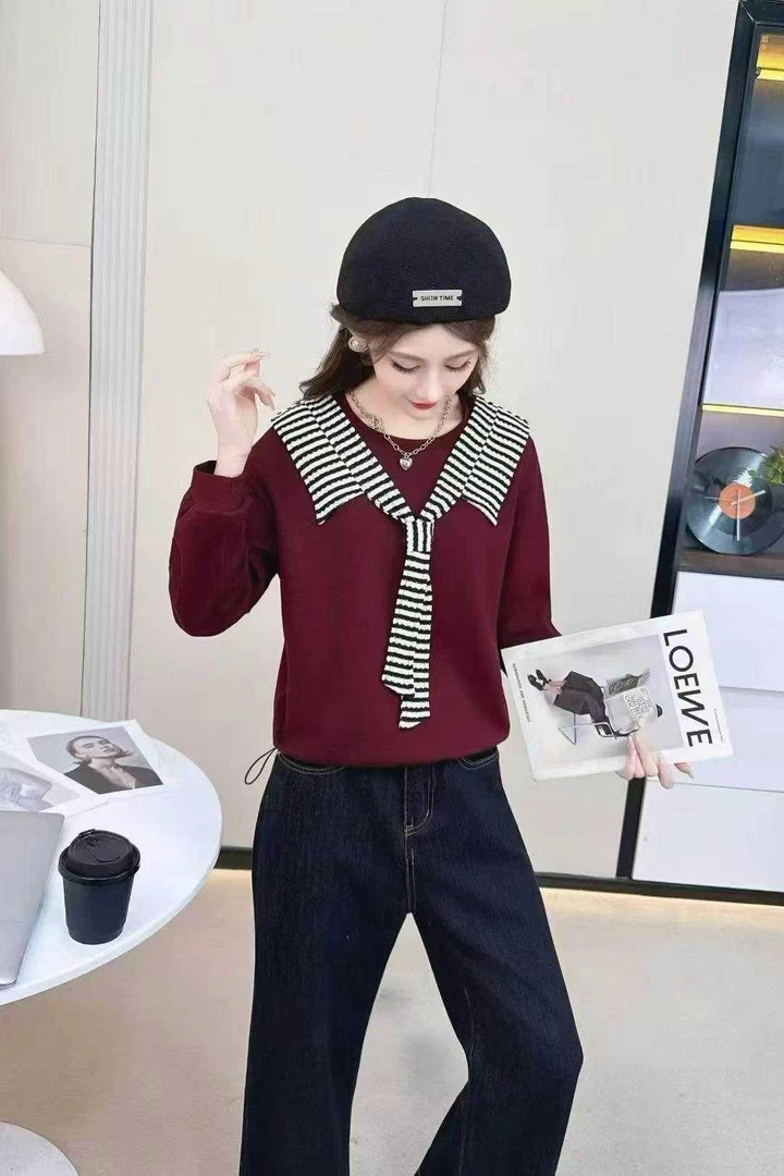 海军领短款拼接长袖格纹条纹卫衣上衣百搭休闲韩版