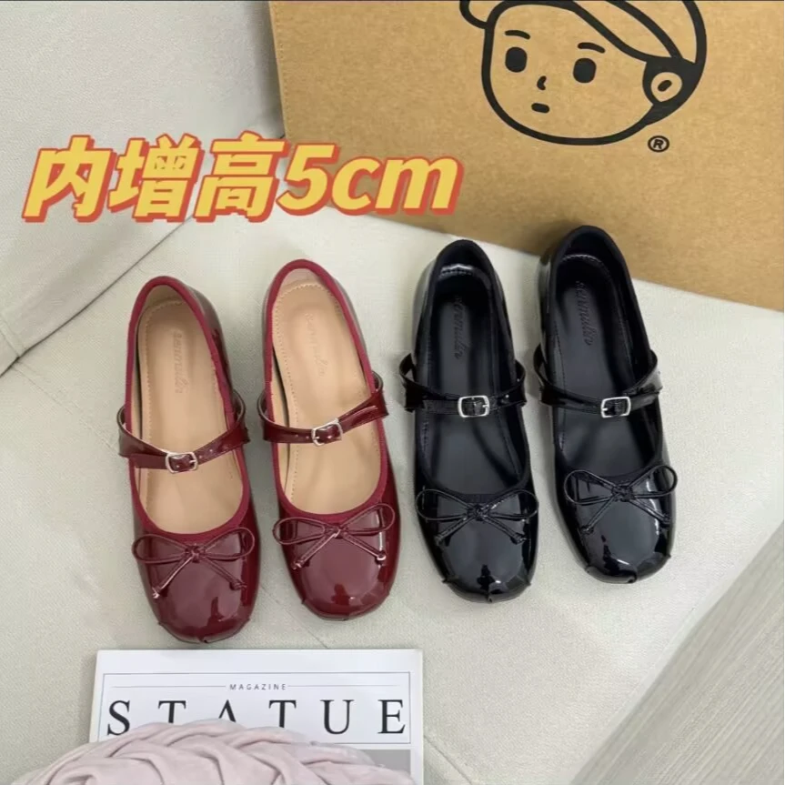 新款内增高5cm漆皮芭蕾鞋一字带甜美气质蝴蝶结小个子女单鞋浅口