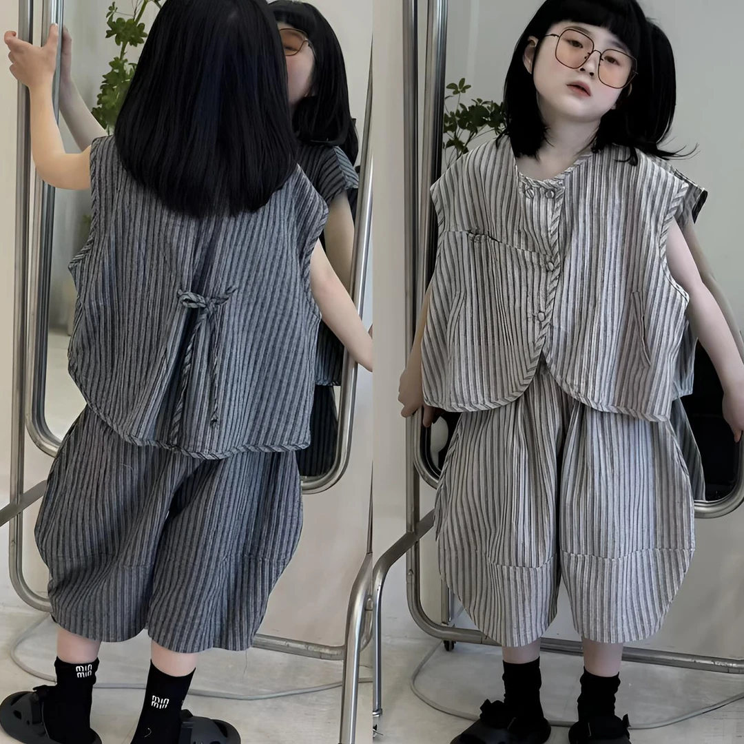 儿童套装2025夏季韩版宝宝条纹背心套装男女童无袖衬衫中裤两件套