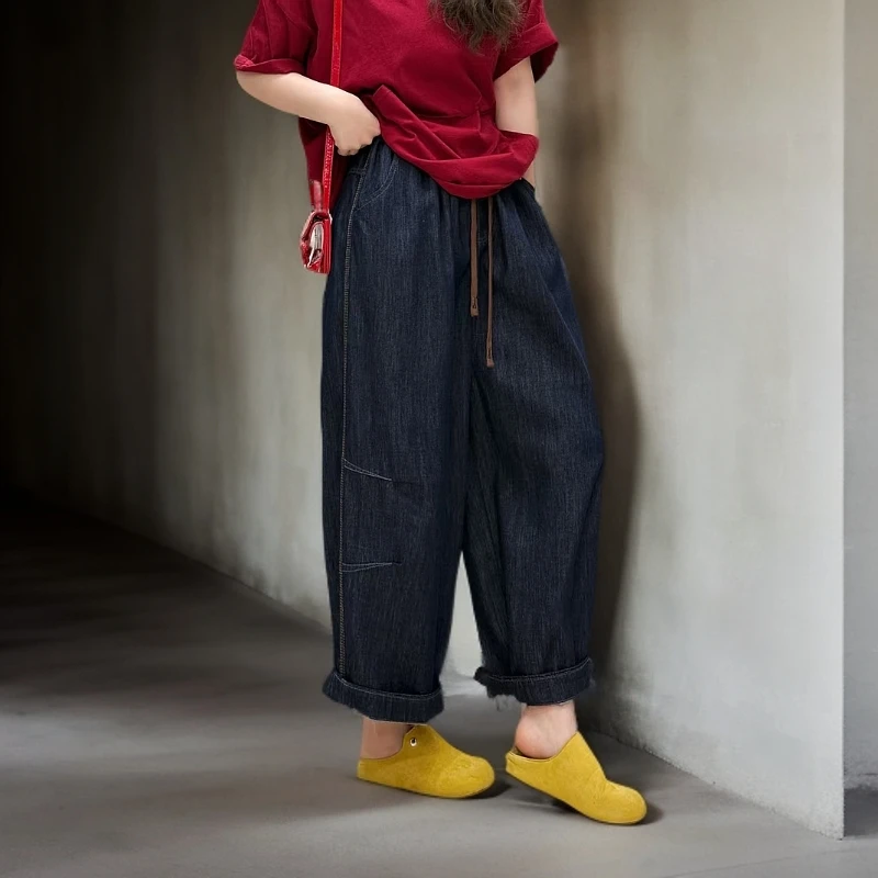 2025春款高货刺绣宽松厚款简单款休闲松紧水洗哈伦裤牛仔大码
