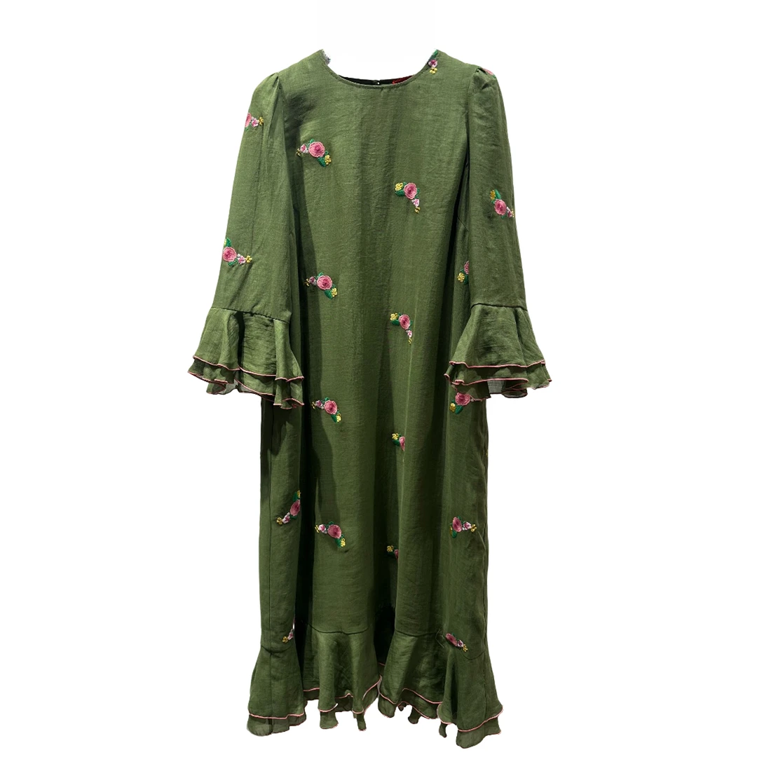 （如烟）连衣裙刺绣中腰长裙时尚夏季长袖春季印花打底宽松中长款