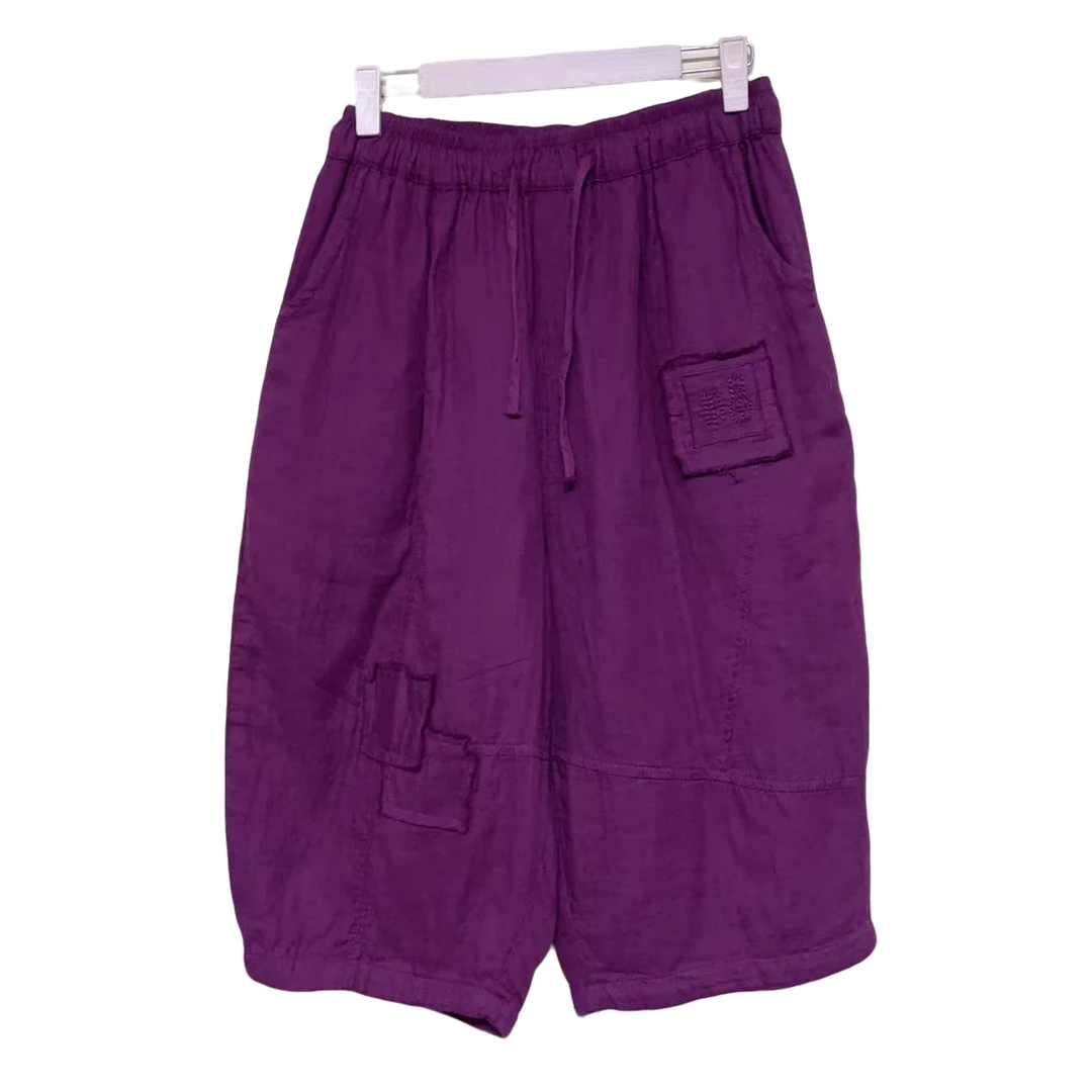 25212贴布刺绣宽松褶皱纯色休闲裤-591夏季女士百搭时尚阔腿潮流