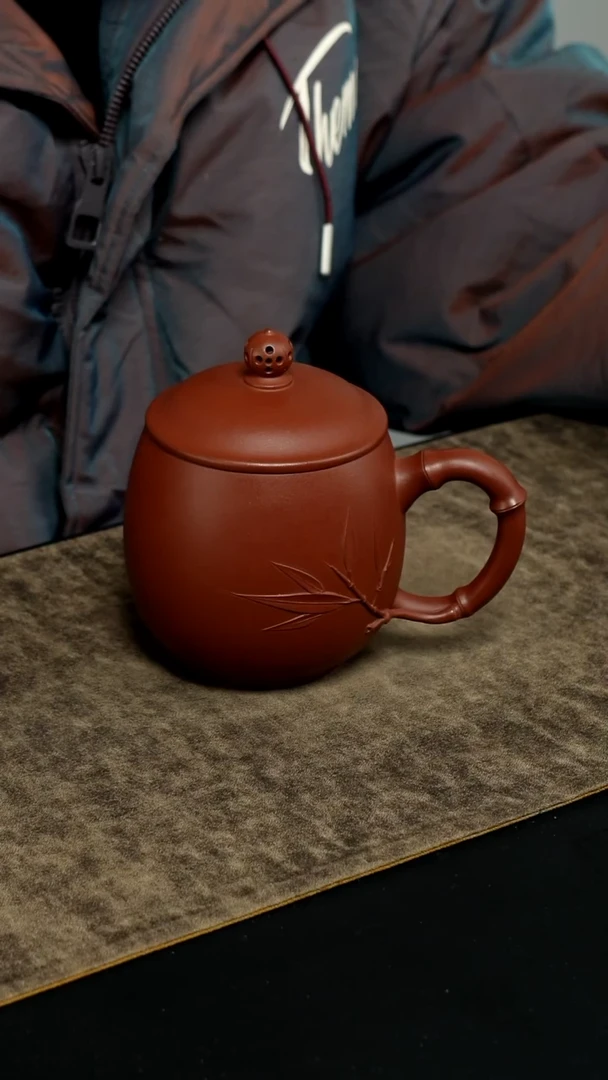 【闪购商品】紫砂茶杯紫泥贴塑竹叶款竹把盖杯