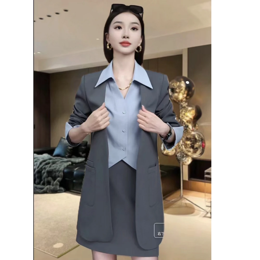 2025春季新款韩版时尚气质假两件西装外套半裙女装盐系轻熟一整套
