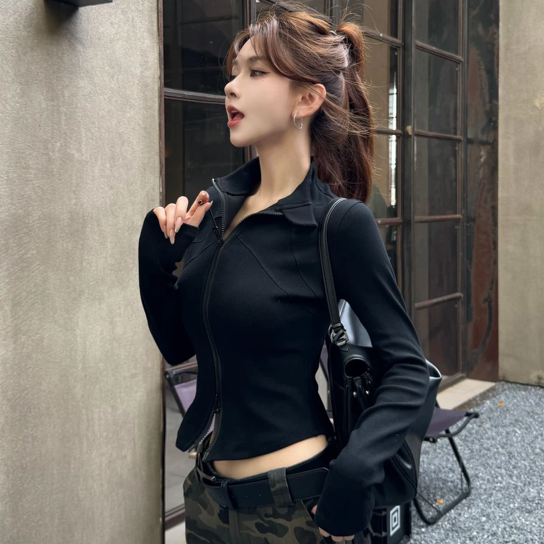 【小蛮腰】立领长袖针织衫女秋季新款修身显瘦短款外套时尚紧身