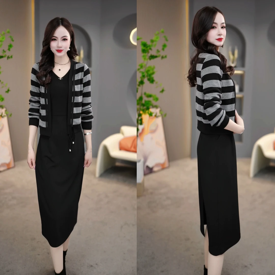 2025春季简约百搭新款黑白条纹外搭+中长款连衣裙两件套