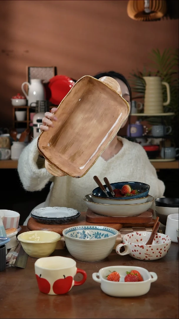 瓷片手刷纹长方双耳盘 微瑕 凑满20发货