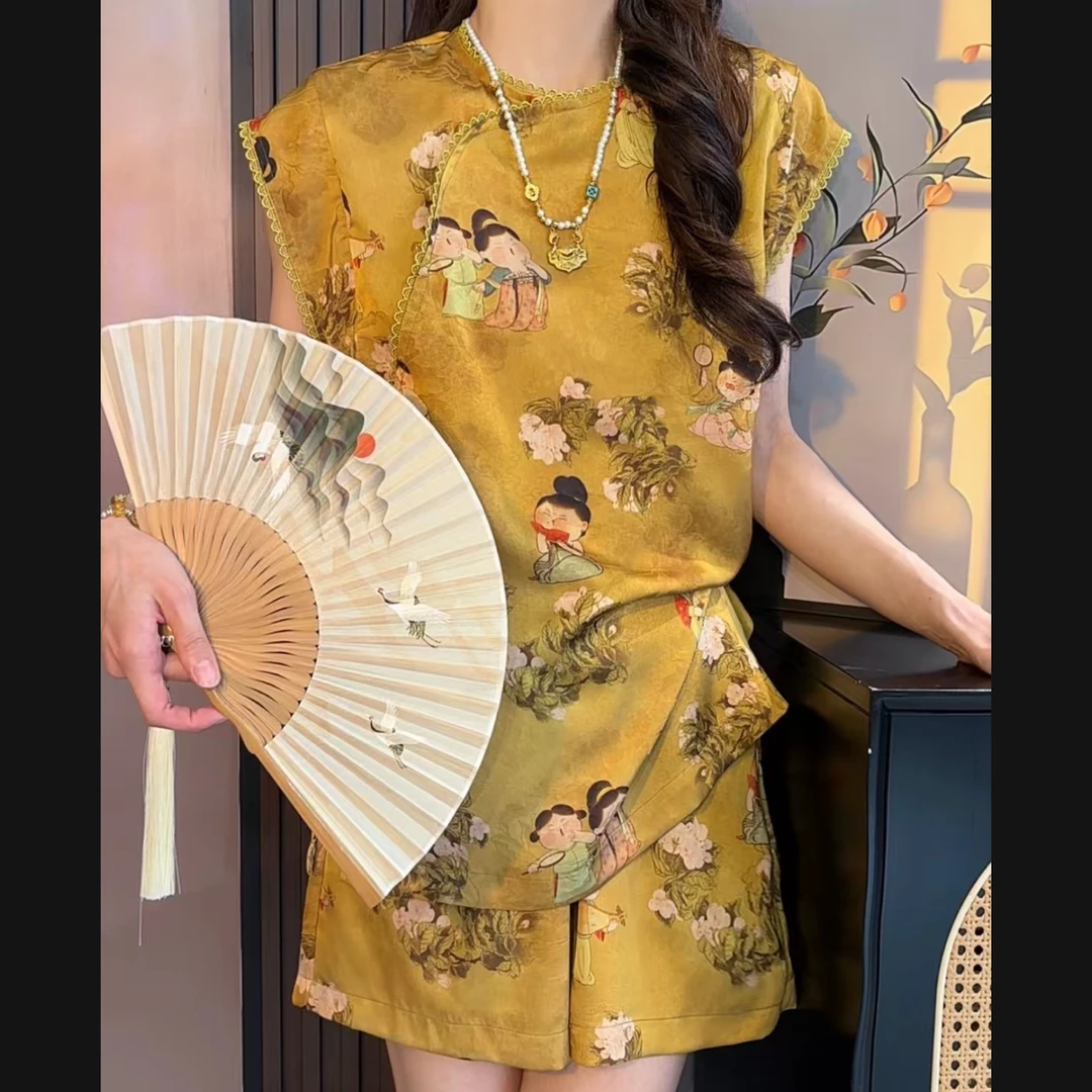 【唐朝美人 】国风两件套设夏季新盘扣蝴蝶钉珠上衣短裤套装新中式