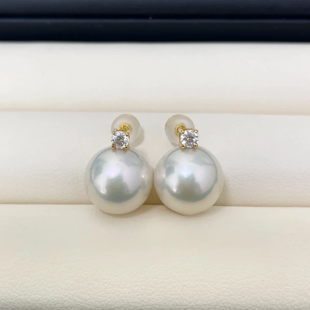 【薇拉特选】18k金王妃11-13mm经典款简约耳钉正圆赛澳白爱迪生耳饰