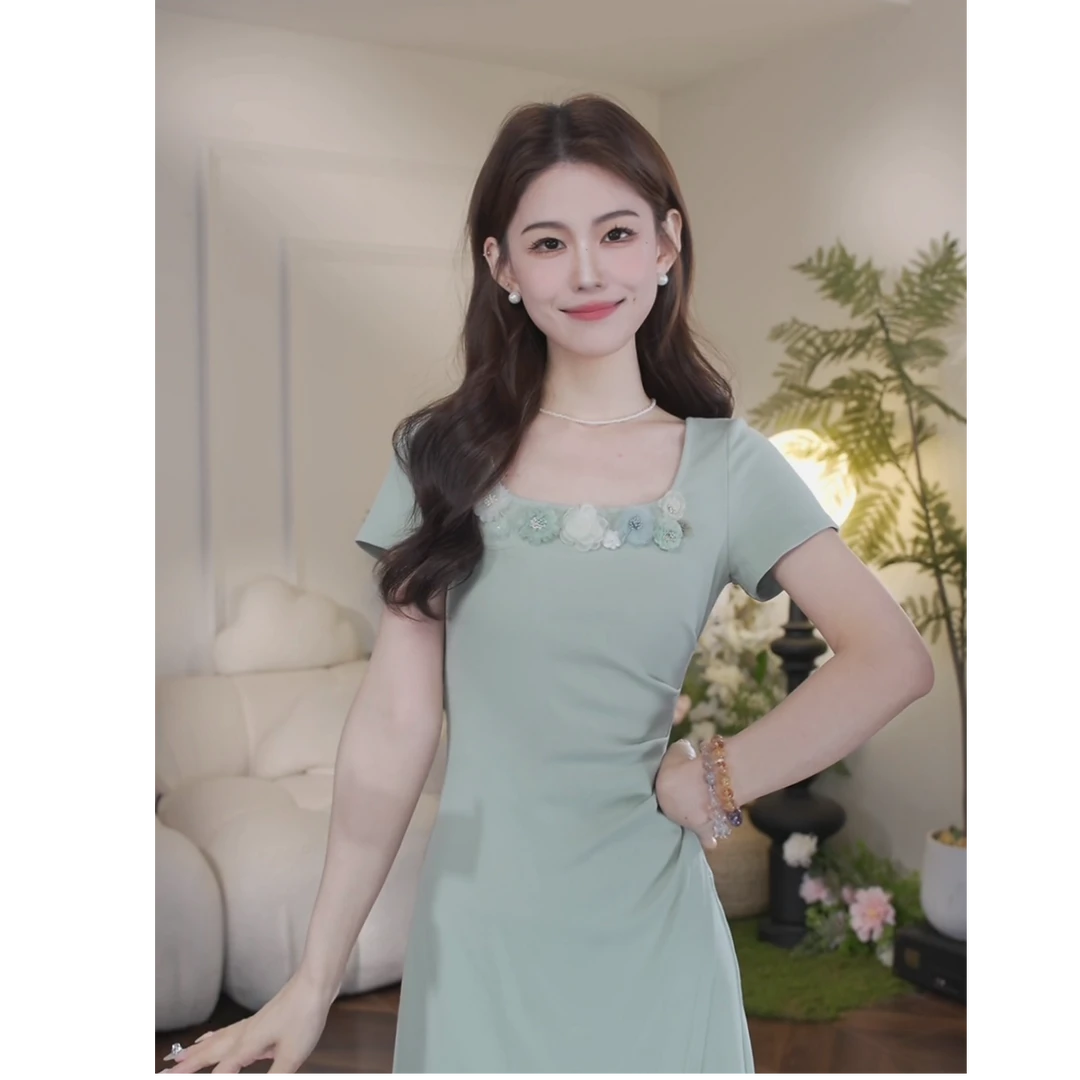 鹿向南「清野绿荷」气质绿色短袖裙子女装连衣裙DYL661715-1