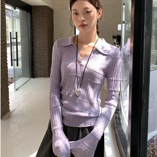 韩系紫色polo领针织衫女春秋款修身显瘦V领内搭打底衫高级感上衣