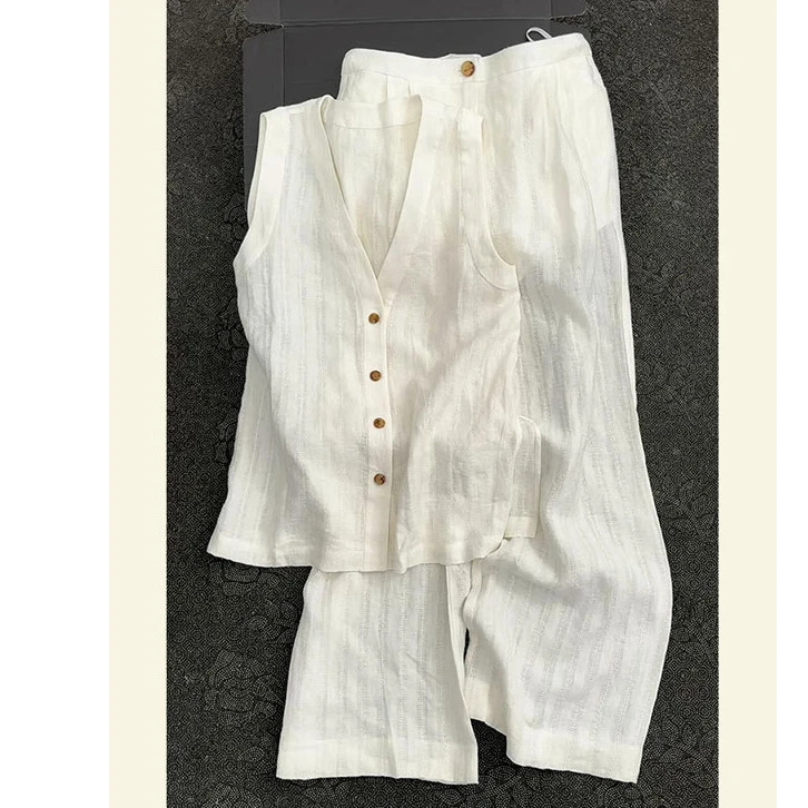 休闲田园风高级感时尚洋气减龄白色舒适马甲休闲裤套装女2025夏季