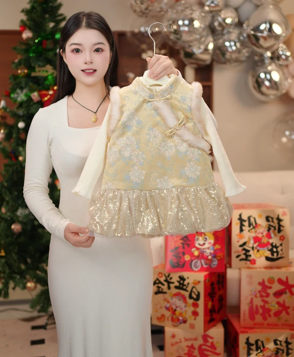 香槟色女新年冬季加厚保暖裙子礼服女宝宝冬款连衣裙XYT515