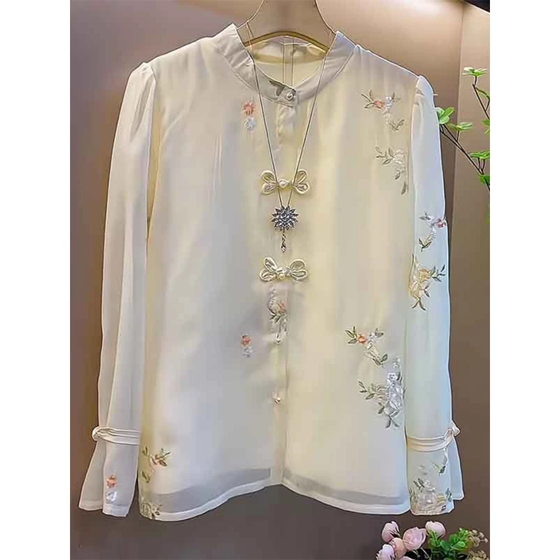 新中式国风甜美重工刺绣衬衫女2025春季新款复古长袖盘扣立领上衣