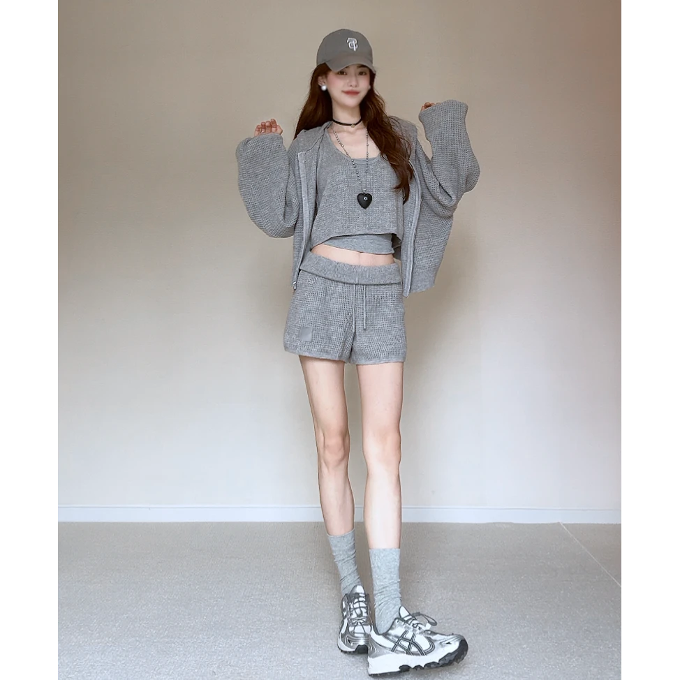 Rich wu时尚套装高腰显瘦时尚休闲华夫格运动卫衣套装上衣阔腿裤