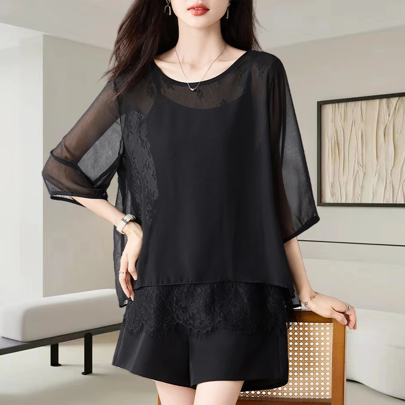 假两件拼接蕾丝短袖衬衫女士2025夏季新款洋气宽松显瘦不规则上衣
