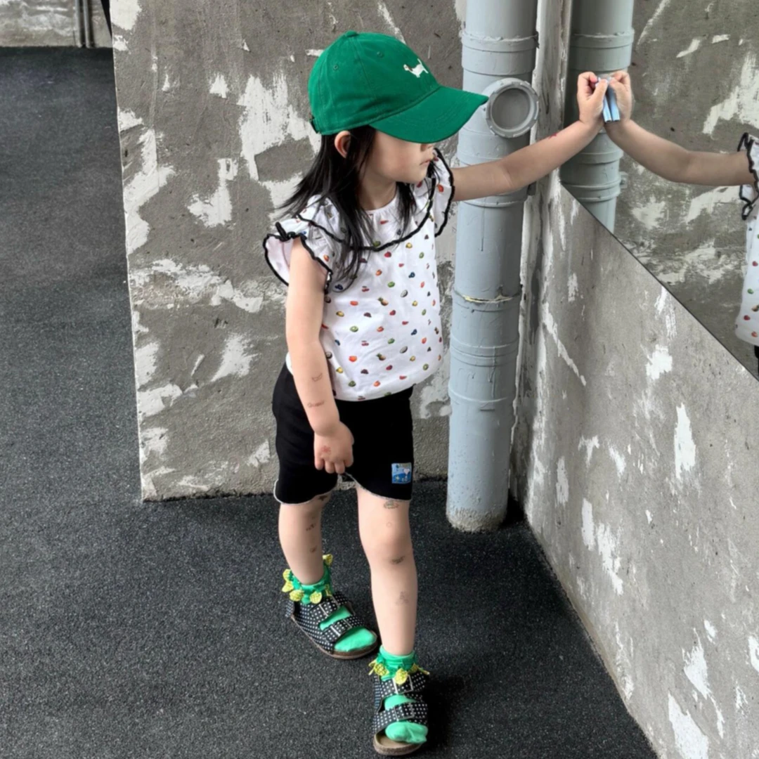 小惜亦夏韩版童装女童可爱娃娃领小飞袖水果上衣黑色短裤韩范套装