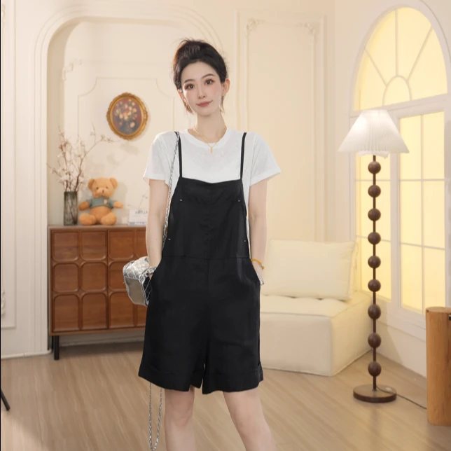 Basic House/百家好2025夏季设计师新款背带裤加短袖两件套DXD23