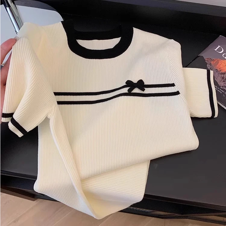 大码女装今年流行的蝴蝶结短袖T恤女夏撞色正肩圆领针织上衣薄款