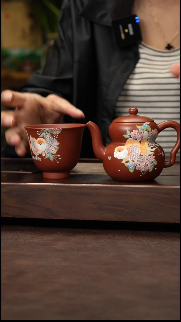 茶壶紫砂朱泥泥绘葫芦一套150cc左右