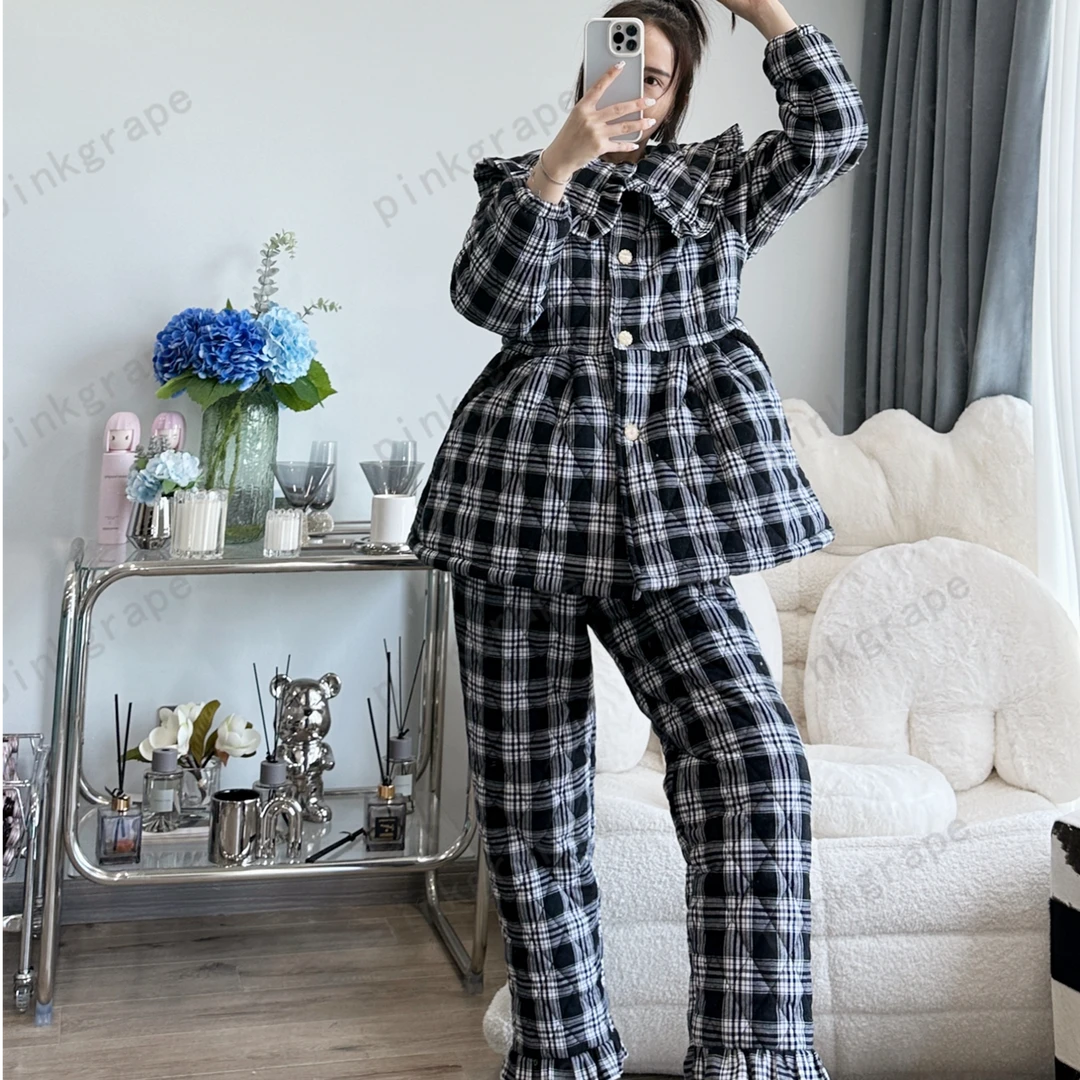 pinkgrape睡衣女套装冬季三层夹棉加绒加厚保暖家居服2478217