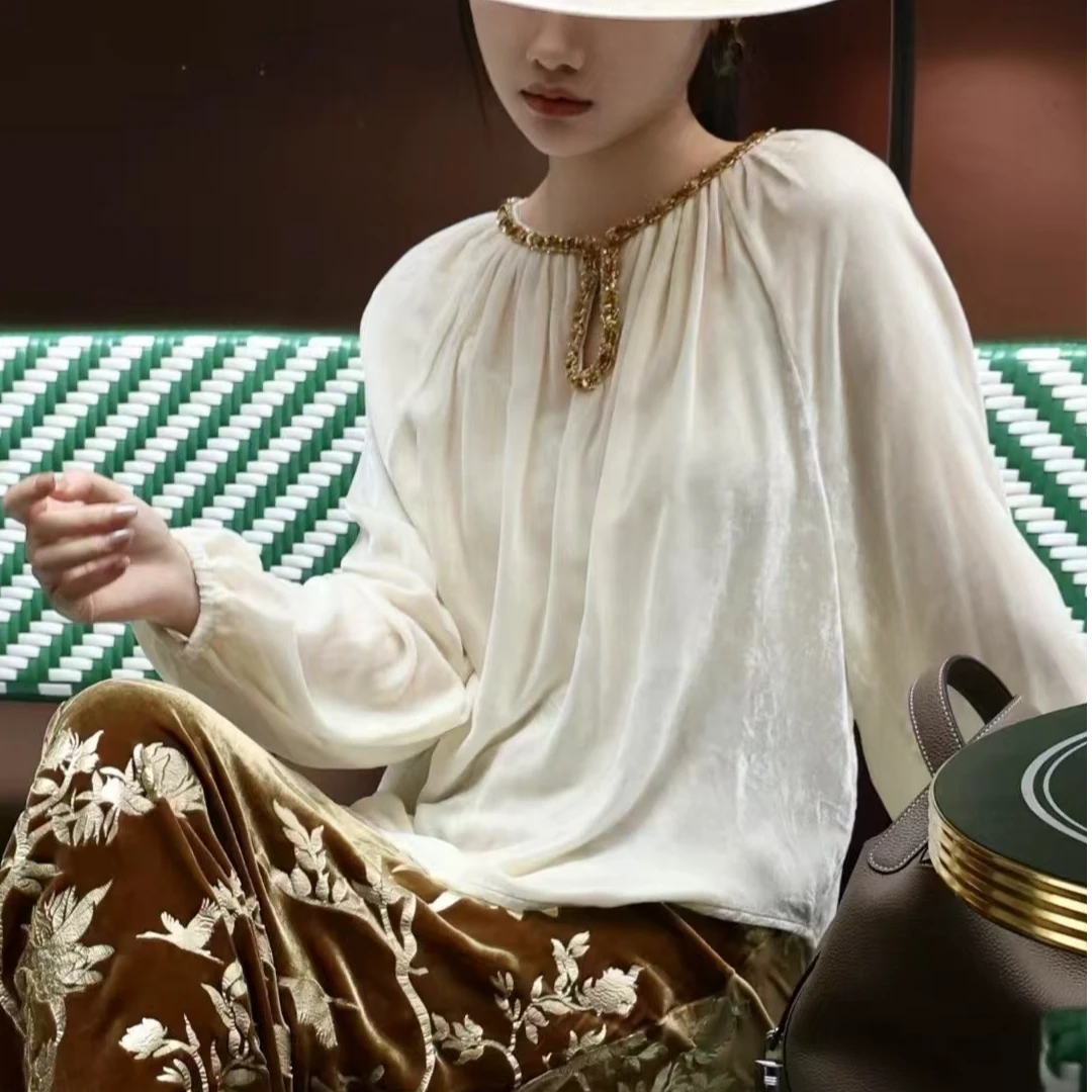 100%桑蚕丝秋款小上衣真丝丝绒长袖显瘦气质设计师款时尚250371
