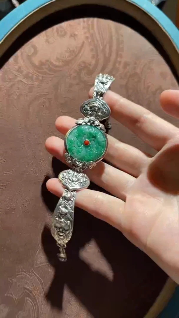 银S925镶嵌手镯翡翠红翡绿翠