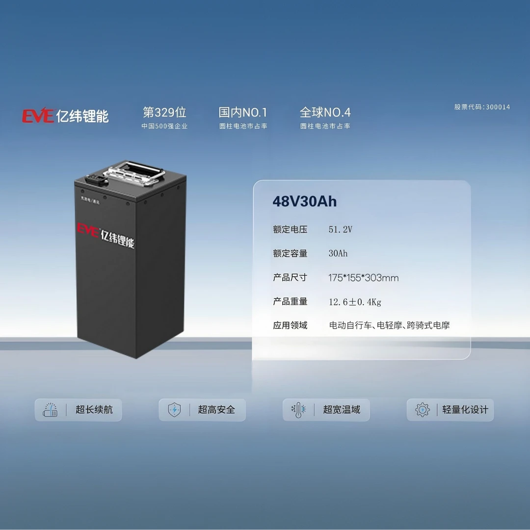 EVE/亿纬48V30AH磷酸铁锂电池适用于两轮车超长续航