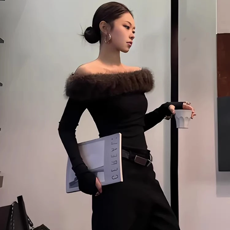 美式辣妹毛毛领一字肩长袖女秋黑色修身露肩上衣辣妹气质内搭T恤