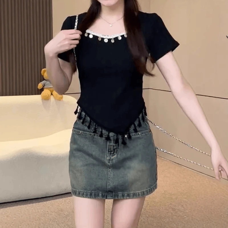 大码胖mm设计感流苏不规则短袖T恤女夏季修身显瘦独特别致小上衣