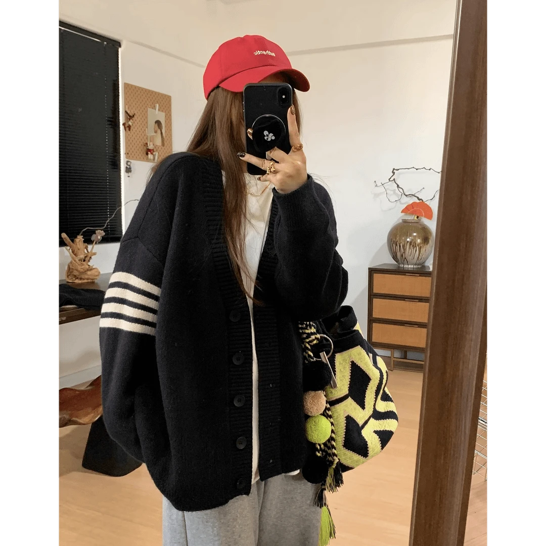 慵懒风撞色条纹连帽毛衣外套女秋冬季韩系宽松百搭针织开衫上衣