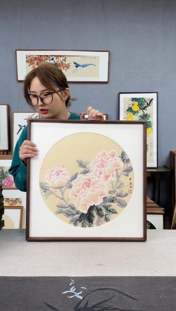 【闪购商品】国画李坤-手绘带框作品-53*53-牡丹