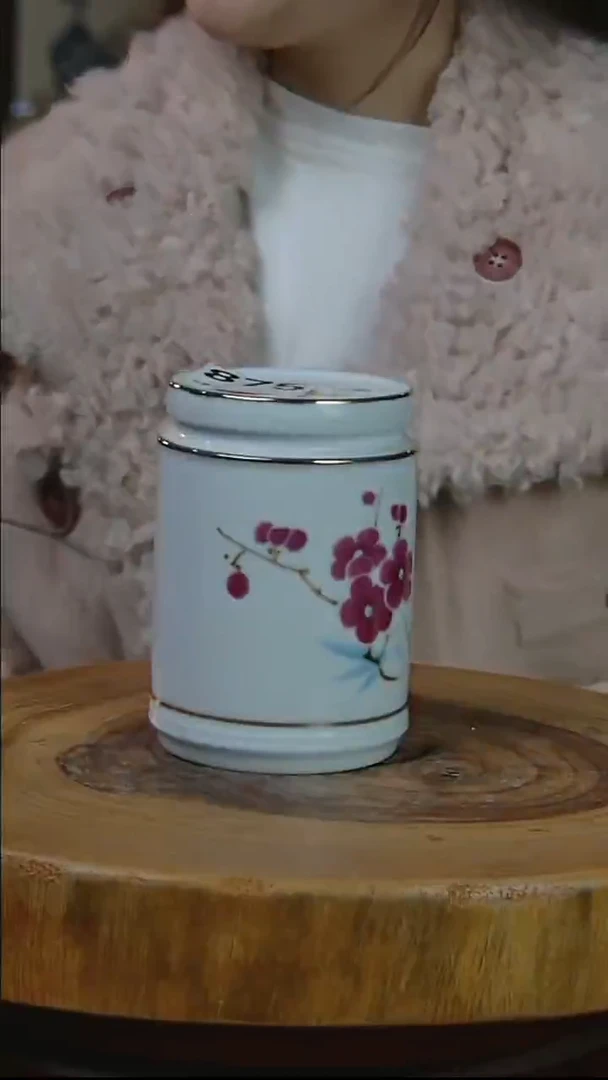 摆件陶翠竹红梅小茶叶罐