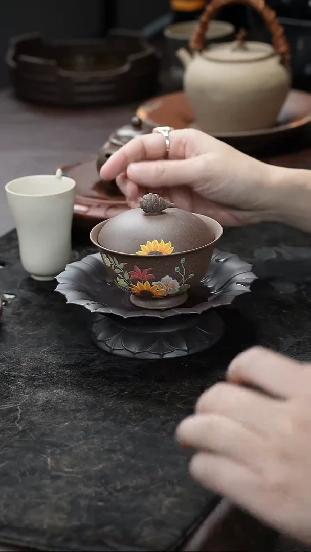 九隐茶器向日葵盖碗