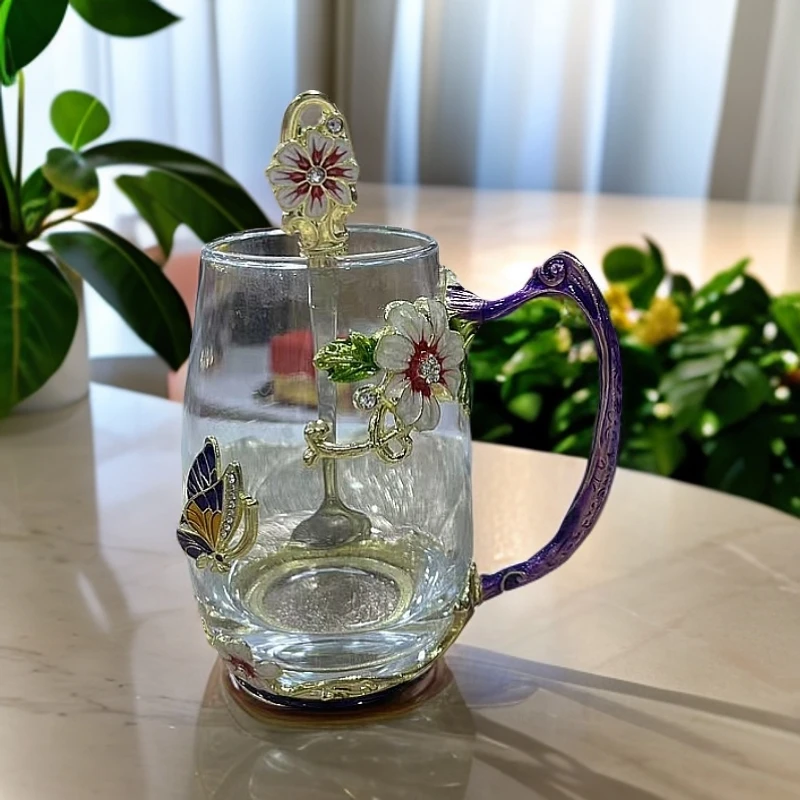 S新款紫色掐丝珐琅彩花茶杯咖啡杯早餐杯礼物水杯摆件家用创意
